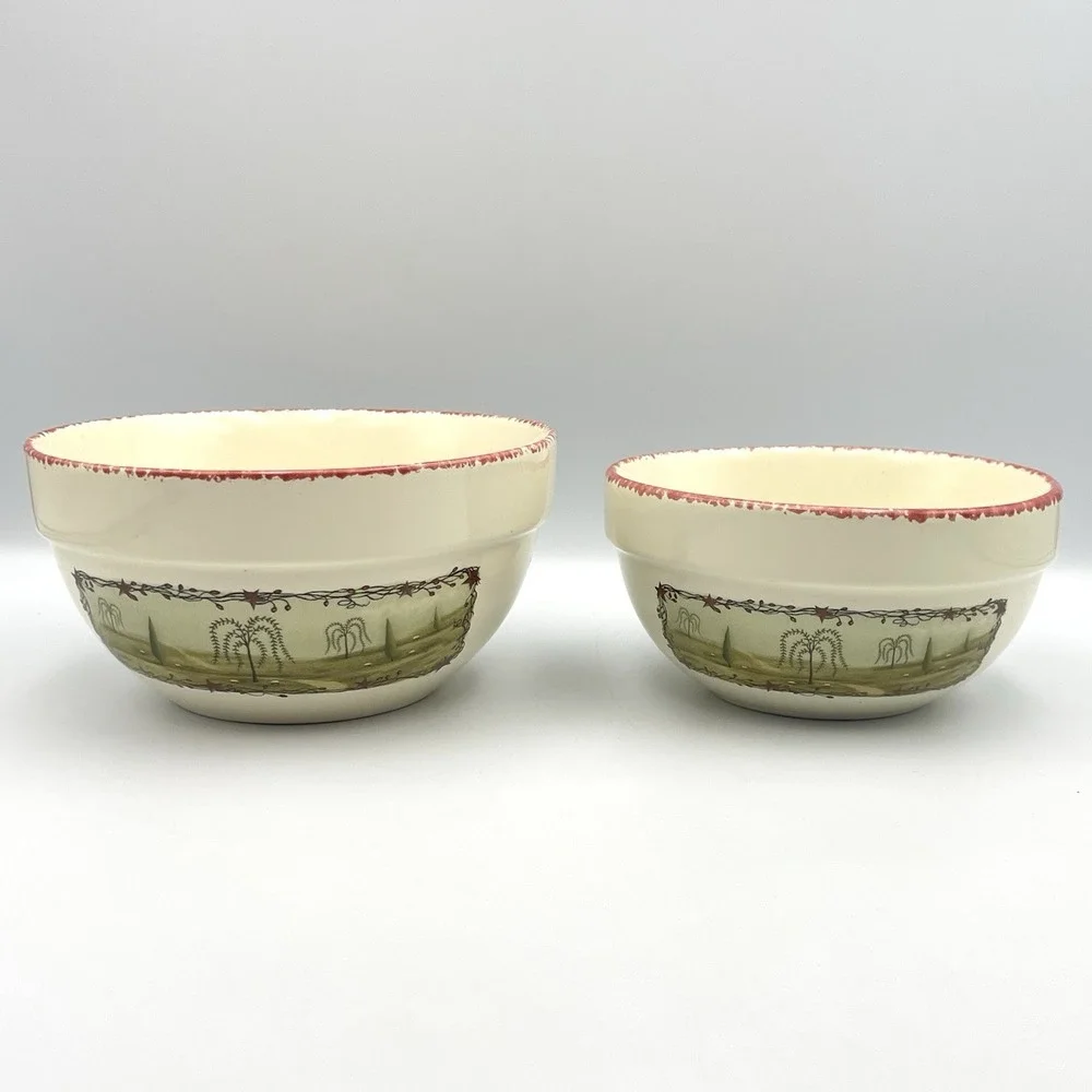 HUABO Farmhouse Mixing Bowls Set Of 2 Country Landscape Rustic Sponge Rim‎